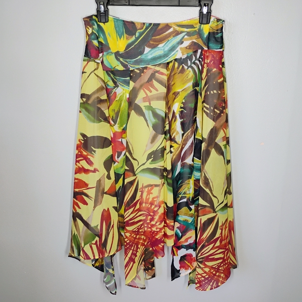 Chico's Y2K Asymmetrical Hem Midi Skirt Tropical Floral Print Beachy Size 4P‎